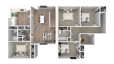 a 3d rendering of a floor plan with a bedroom and a bathroom